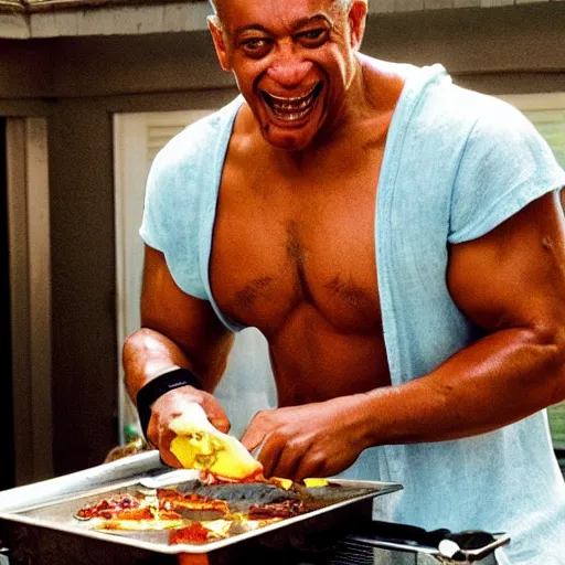 Prompt: gus fring cooking at a family barbecue with no shirt on, laughing out loud