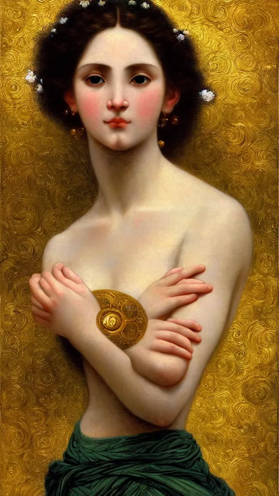 Image similar to painting portrait of a beautiful woman like an ancient goddess, intricate, elegant, digital painting, smooth, sharp focus, shiny gold, realistic gold, realistic metal, by William-Adolphe Bouguereau and Gustav Klimt,