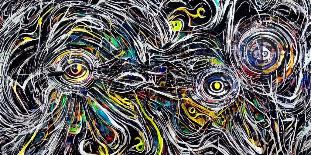 Prompt: deconstructed eye camo, technical, acrylic, centered burst, teeth, eerie, tribal, clay, dotting, lines, stipple, points, cybernetic, style of old painting, francis bacon art, sleep paralysis, hypnosis, eerie, terror, oil, neon, black and white, splotches, colorful dots, ominous, abstract