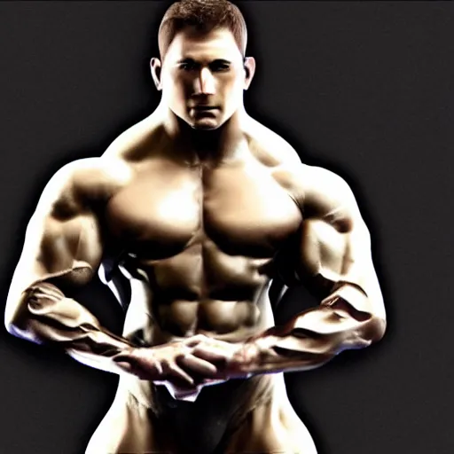 Image similar to a realistic detailed photo of a bodybuilder who is also a male android Chris Redfield, shiny skin, posing robotically, blank stare