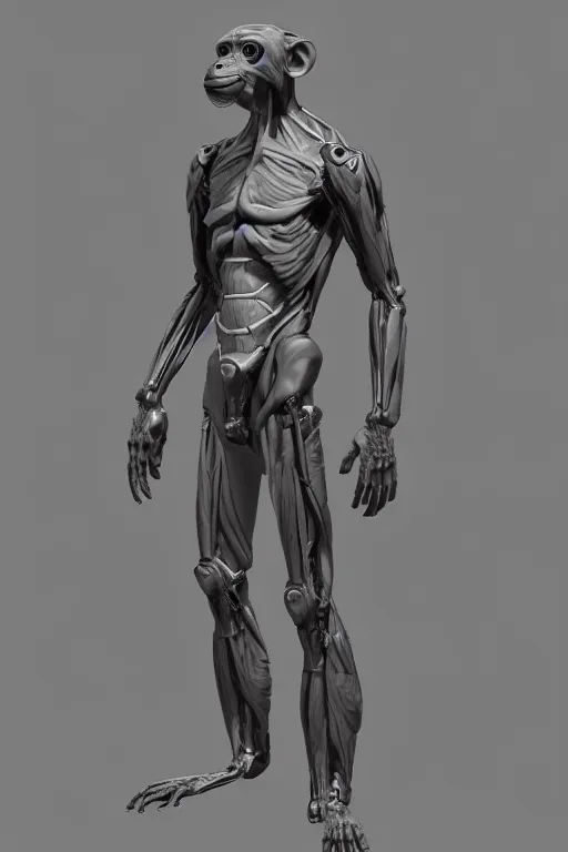 Prompt: symmetry!! full body primate anatomy concept, gun metal grey, cyborg, monkey limbs, digital art, in the style of ben lol, brian sum, ramil sunga, herbert lowis, furio tedesschi, christopher cao, artstation, pinterest, deviantart, photoshop, octane render, unreal engine