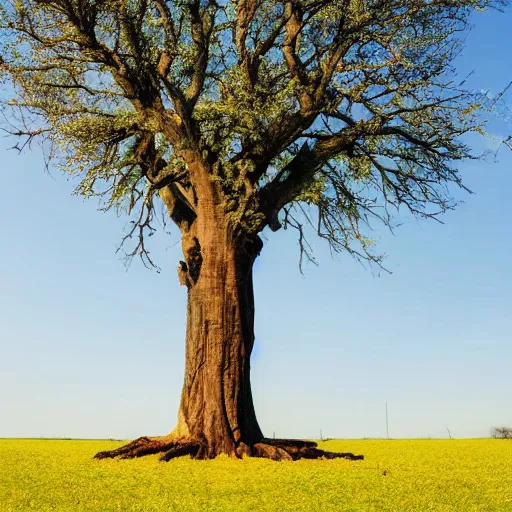 Prompt: a huge tree with only 3 branches and no leaves standing in the middle of a field