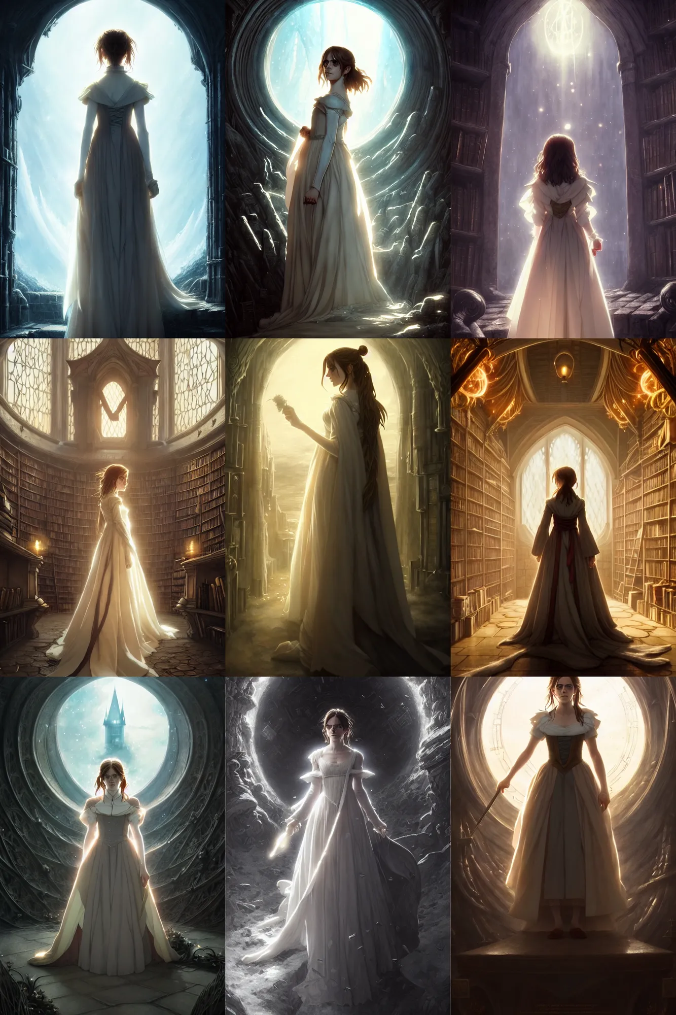Prompt: emma watson act as hermione in a wedding dress, standing inside a magic library, character art, anime key visual, official media, illustrated by greg rutkowski, michael whelan and gustave dore intricate details, 8 k, trending on artstation, cinematic lighting, beautiful
