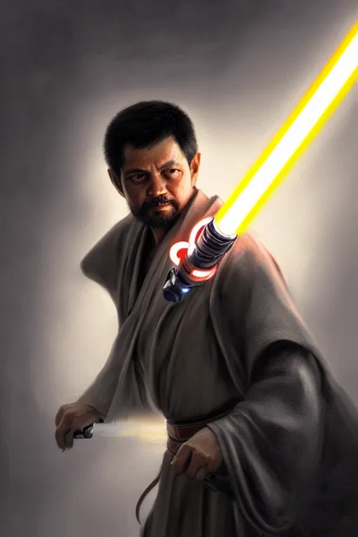 Image similar to breathtaking detailed concept art painting of a jedi luis inacio lula da silva holding a lightsaber, by hsiao - ron cheng, exquisite detail, extremely moody lighting, 8 k