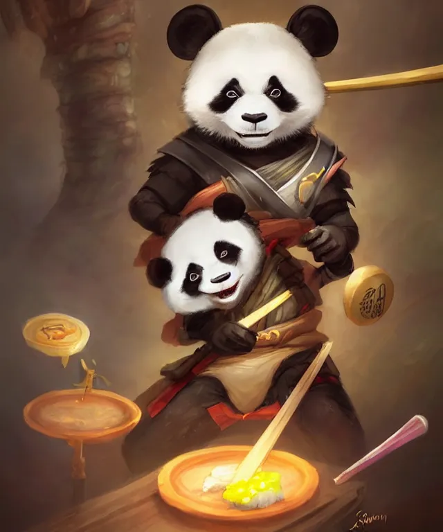 Prompt: a portrait an anthropomorphic panda samurai eating sushi, samurai mouse sidekick, restaurant in background, cute and adorable, dnd character art portrait, well rendered matte fantasy painting, deviantart artstation, by jason felix by steve argyle by tyler jacobson by peter mohrbacher, cinematic lighting