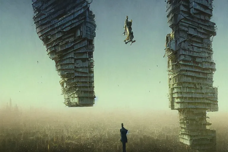 Prompt: man falling from the top of the building, wide shot, sci fi, art by mike winkelmann, trending on cgsociety, retrofuturism, darksynth, sci - fi, reimagined by beksinski carl spitzweg