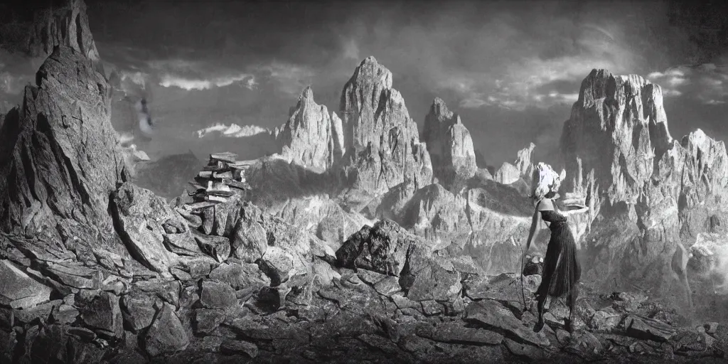 Image similar to 1920s photography Tschäggättä dancing, dolomites in the background, occult signs, witch burning, pyre, solstice fire, alp, dolomites, alpine, detailed intricate insanely detailed octane render, 8k artistic 1920s photography, photorealistic, black and white, chiaroscuro, hd, by David Cronenberg, Raphael, Caravaggio