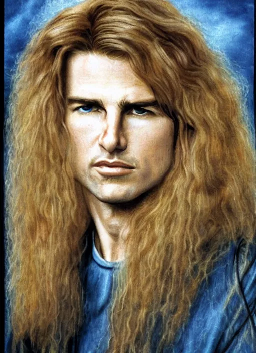Prompt: Pre-Raphaelite portrait of blonde haired Tom Cruise as the leader of a cult 1980s heavy metal band, with very long blond hair, light blonde hair and grey eyes