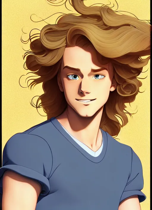 Image similar to young man with long, curly, golden hair, aquamarine eyes, natural lighting, path traced, highly detailed, high quality, cartoon, digital painting, by don bluth and ross tran and studio ghibli and alphonse mucha