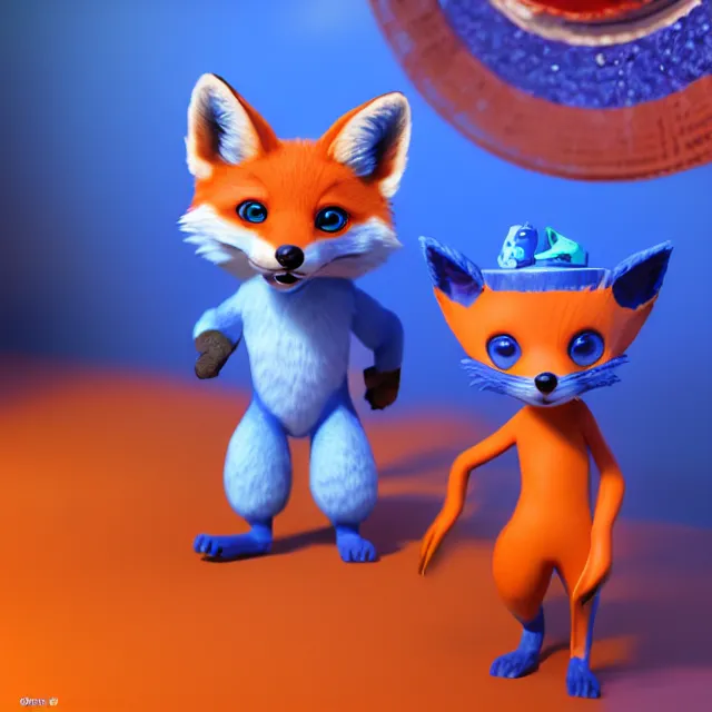 Prompt: a blue-fox, a red-fox and a orange-fox are at a birthday party, isometric 3d, ultra hd, character design by Mark Ryden and Pixar and Hayao Miyazaki, unreal 5, DAZ, hyperrealistic, octane render, cosplay, RPG portrait, dynamic lighting, intricate detail, summer vibrancy, cinematic