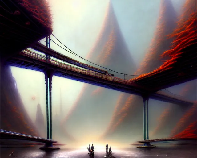 Prompt: street view of a bridge being held up by two handsl, fantasy landscape made of fractals facing each other, ultra realistic, wide angle, intricate details, the fifth element artifacts, highly detailed by peter mohrbacher, hajime sorayama, wayne barlowe, boris vallejo, aaron horkey, gaston bussiere, craig mullins