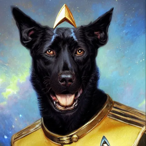 Image similar to a portrait of a black dog dogman canine star trek officer. highly detailed painting by gaston bussiere, craig mullins, j. c. leyendecker, furry