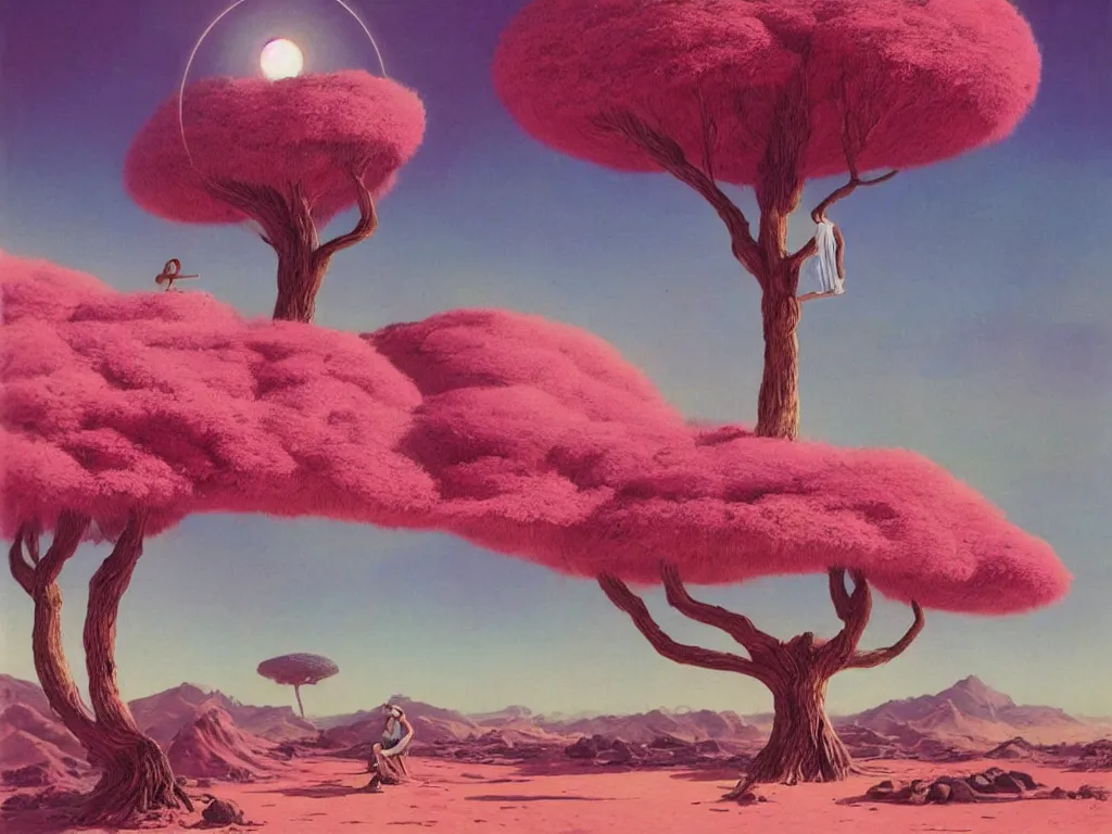 Image similar to a pink tree in a desert surrounded by an ocean on a strange planet, by bruce pennington, by sam freio, by thomas rome, by victor mosquera, juxtapoz, behance, dayglo, prismatic, iridescent