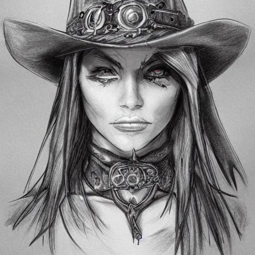 Image similar to beautiful cowboy witch, wild west, dungeons and dragons art, detailed, concept art, pencil drawing, trending on artstation