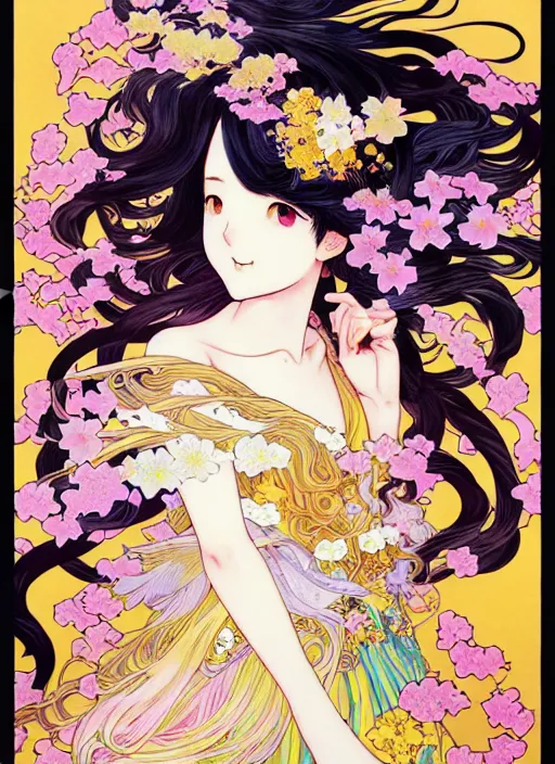 Image similar to exquisite imaginative manga poster of a girl, long wavy hair, birds, rococo dress, shimmering, by kojima ayami, shigenori soejima, minaba hideo, alphonse mucha, jump comics, shogakukan, illustration, artstation, highly detailed, 8 k, fluorescent, maximalist