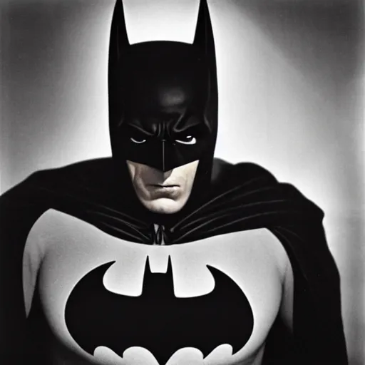 Prompt: portrait of Batman by Diane Arbus, 50mm, black and white