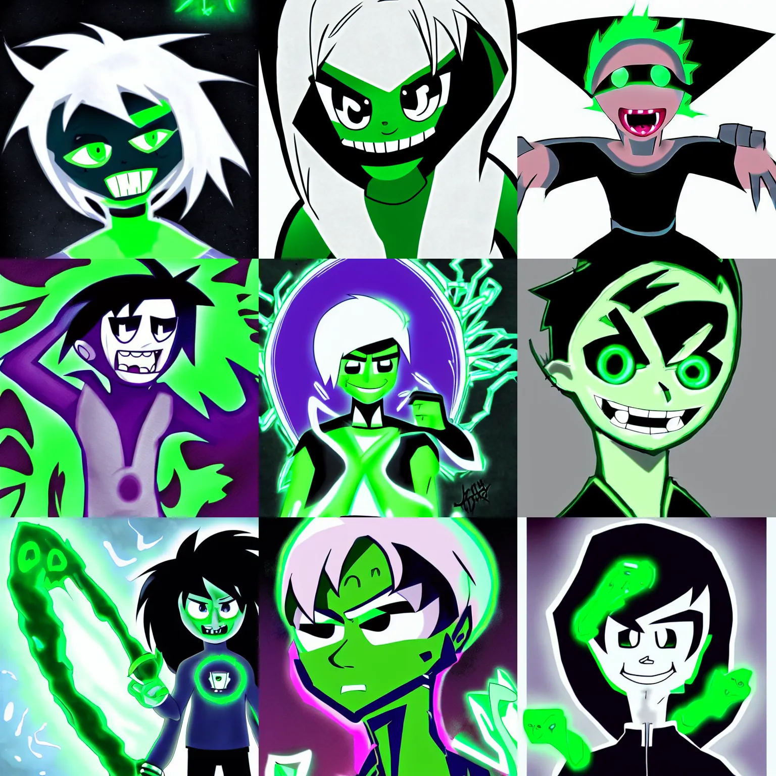 Prompt: danny phantom nickelodeon cartoon with sharp teeth glowing green eyes, cute detailed digital art, trending on tumblr pixiv