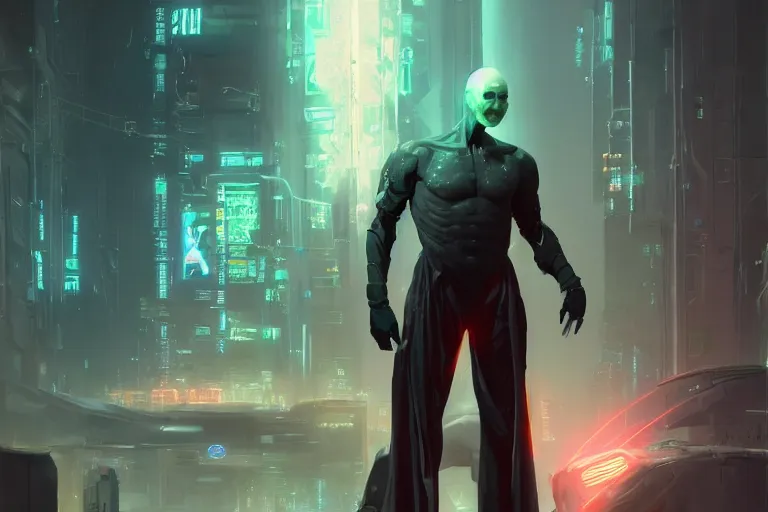 Image similar to cyborg Lord Voldemort without nose in cyberpunk, neon lighting, figure in center, digital art from artstation by Ruan Jia and Mandy Jurgens and Artgerm and william-adolphe bouguereau and Greg Rutkowski and Wayne Barlowe