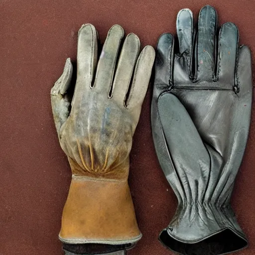 Image similar to equipment cutout, gloves, damaged and tattered, deteriorated fine leather gloves