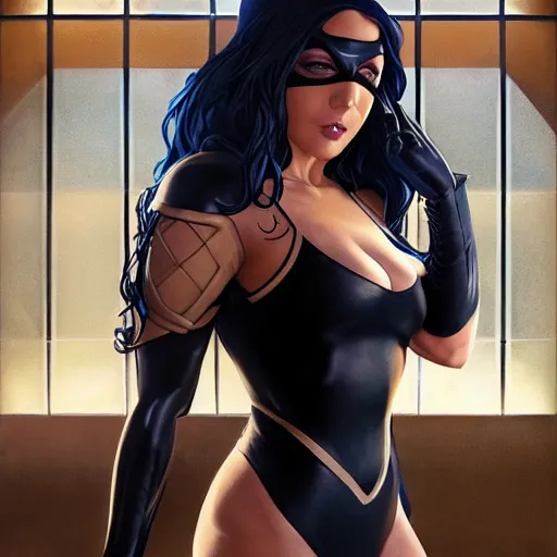 Image similar to character concept portrait, symmetrical, black canary, mask, her arms tucked behind her back, navy leotard costume, bust, curvaceous, medium shot. detailed, high quality, dynamic lighting, fantasy, shiny. artwork by artgerm, wlop, alex ross, greg rutkowski, alphonse mucha