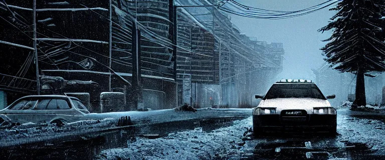 Image similar to Audi A4 B6 Avant (2002), a gritty neo-noir, dramatic lighting, cinematic, eerie person silhouette, death, homicide, homicide in the snow, gunshots, establishing shot, extremely high detail, photorealistic, cinematic lighting, artstation, by simon stalenhag, Max Payne (PC) (2001) winter new york at night, Max Payne 2 graphic novel style, flashing lights, Poets of the Fall - Late Goodbye