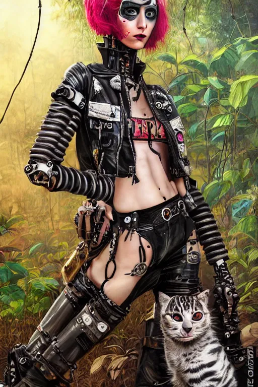 Image similar to punk rock robot girls making selfie in jungles with cats, mad max jacket, renaissance, cables on her body, hyper realistic style, oil painting, highly detailed, 4K, fantasy by Olga Fedorova