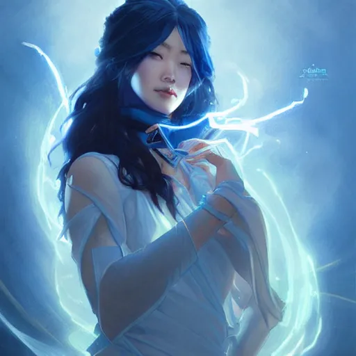 Image similar to japanese lightning goddess, wearing elemental energy d & d, blue color palette, highly detailed, digital painting, artstation, concept art, sharp focus, illustration, cinematic lighting, art by artgerm and greg rutkowski and alphonse mucha