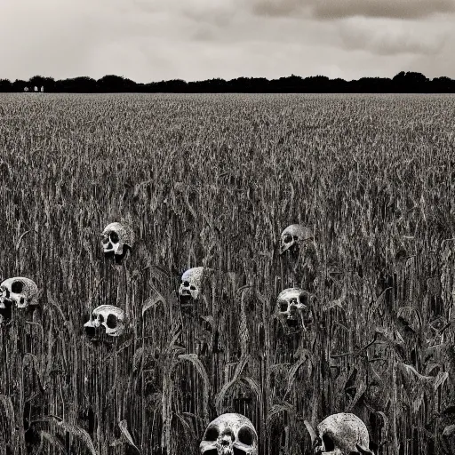 Prompt: A crop field growing skulls. Muted colors, overcast sky, dark, dreary, eldritch.