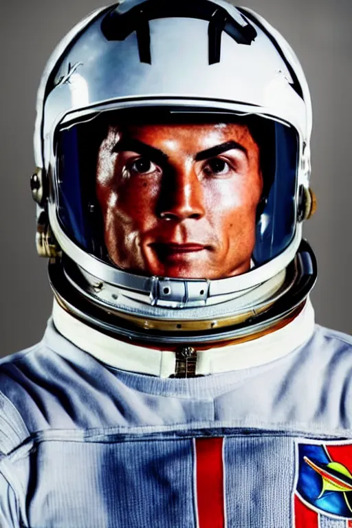 Image similar to portrait of cristiano ronaldo with astronaut armor and helmet, majestic, solemn