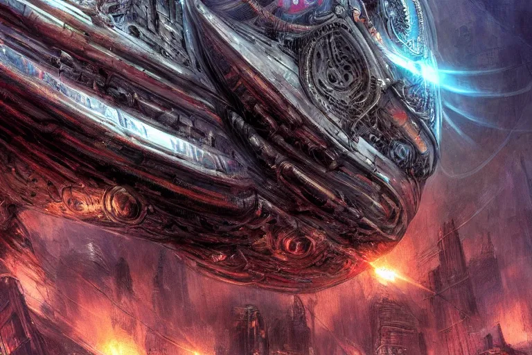 Prompt: low angle of a large shiny extraterrestrial spaceship on the ground in new york city, in the style of frank frazetta and h. r. giger, ultra realistic, atmosphere, glow, detailed, intricate, colorful, cinematic lighting, trending on artstation, 4 k, hyper - realistic, immersed, extreme details, cinematic, masterpiece