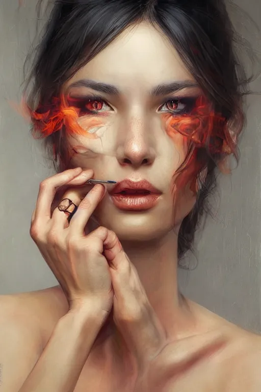 Image similar to a portrait of a beautiful woman with smoke and fire coming out of her eyes, artwork by Stanley Artgerm Lau, a masterpiece