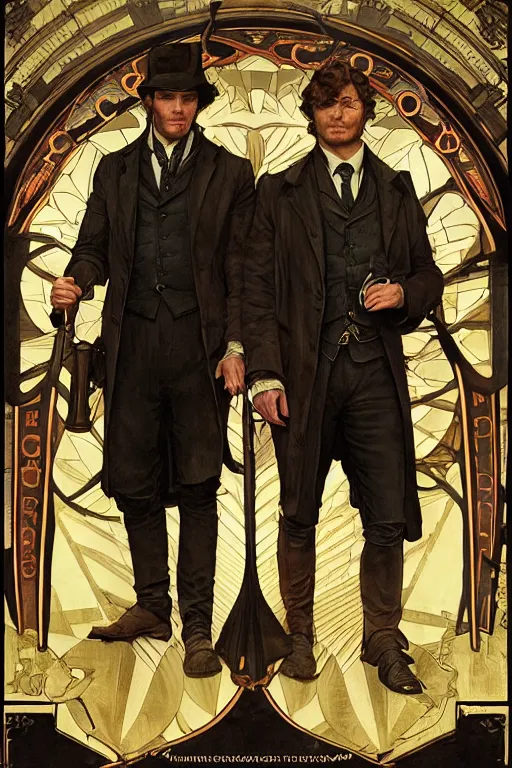 Image similar to a detailed matte portrait of jensen ackles and jared padalecki as sherlock holmes and watson, masterpiece, 8 k, art by alphonse mucha and greg rutkowski