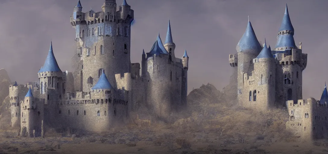 Image similar to A digital concept art painting of a dark blue medieval european ghotic castle in desert, 4K UHD image, unreal engine