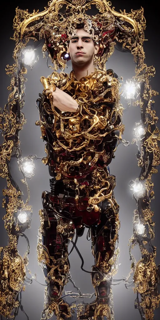 Image similar to baroque and cyberpunk style full-body sculpture of a young seductive Hispanic prince half android with a chest exposing a glowing ruby battery with porcelain arms posed like a model, glowing gold laser eyes, crown of white gears and sparkling diamonds, swirling white-colored silk fabric, robot dinosaurs. modern elements. reflective surfaces. intricate artwork by caravaggio. art by Artgerm and Alphonse Mucha, Trending on artstation, cinematic industrial lighting, photorealistic, octane render, 8k, depth of field, 3D