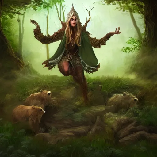 Image similar to elven druid summoning bears in the forest, d & d inspired, trending on artstation, ultra fine detailed, hyper detailed, hd, concept art, digital painting