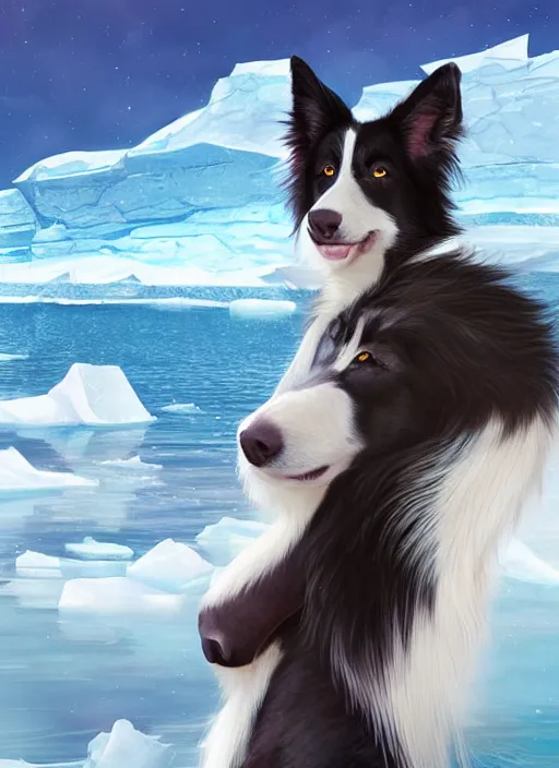 Prompt: beautiful portrait of a cute anthro male anthropomorphic border collie fursona wearing a swimsuit in antarctica. character design by charlie bowater, henry asencio, and ross tran. scenic background, detailed, glamor pose, aesthetic, furry, trending on artstation, top rated on furaffinity and deviantart