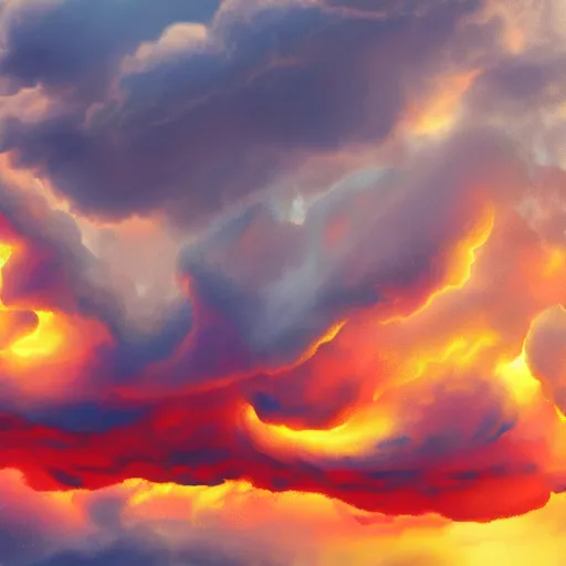 Prompt: burning clouds, thunder, 4k, post-processing, very very detailed, artstation, cute