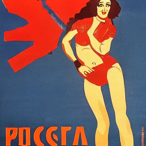 Prompt: Soviet propaganda poster featuring a very sexy female supermodel