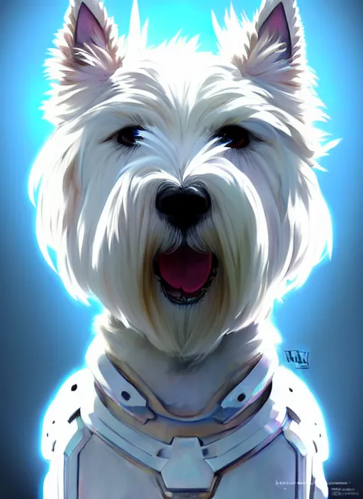 Image similar to a west highland white terrier, anime art style, wearing futuristic, led - lit armor, and a cannon mounted on his back, portrait, high detail, sharp focus, digital painting, artstation, concept art, art by hayao miyazaki and artgerm and greg rutkowski and alphonse mucha.