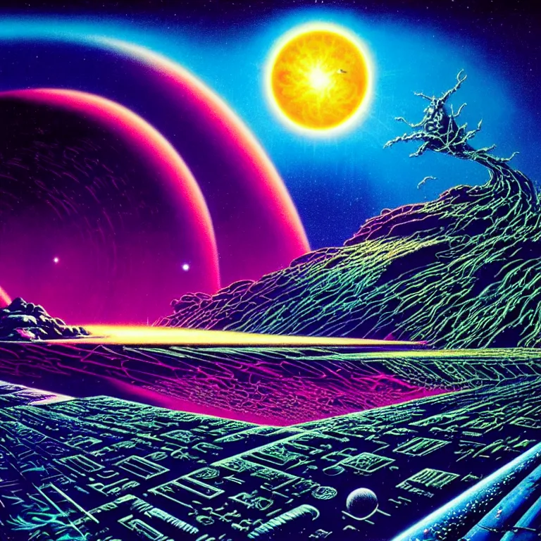 Image similar to mysterious edge of interstellar space, synthwave, bright neon colors, highly detailed, cinematic, tim white, philippe druillet, roger dean, ernst haeckel, lisa frank, vladimir kush, michael whelan, kubrick, kimura, isono