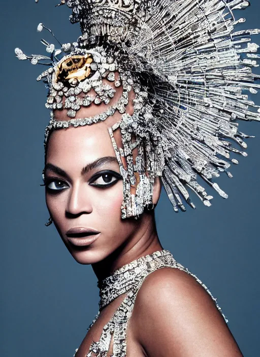 Image similar to photo of beyonce styled by nick knight posing, intricate headpiece, showstudio, face close up, vogue magazine, 2 0 2 0, canon, highly realistic. high resolution. highly detailed. dramatic. 8 k. 4 k. zeiss lens, canon eos, cinematic lighting, photography, film still