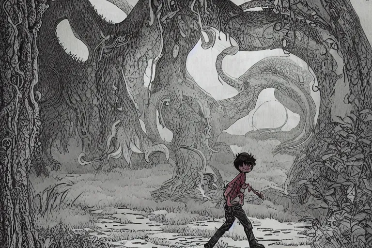 Image similar to young boy entering a huge mysterious and ominious forest with a cthulhu monster in a distant clearing, large path, mushrooms, very graphic illustration by jean giraud and mike mignola, drawing, yoshitaka amano vibe, clean line, colorful comics style, dynamic light