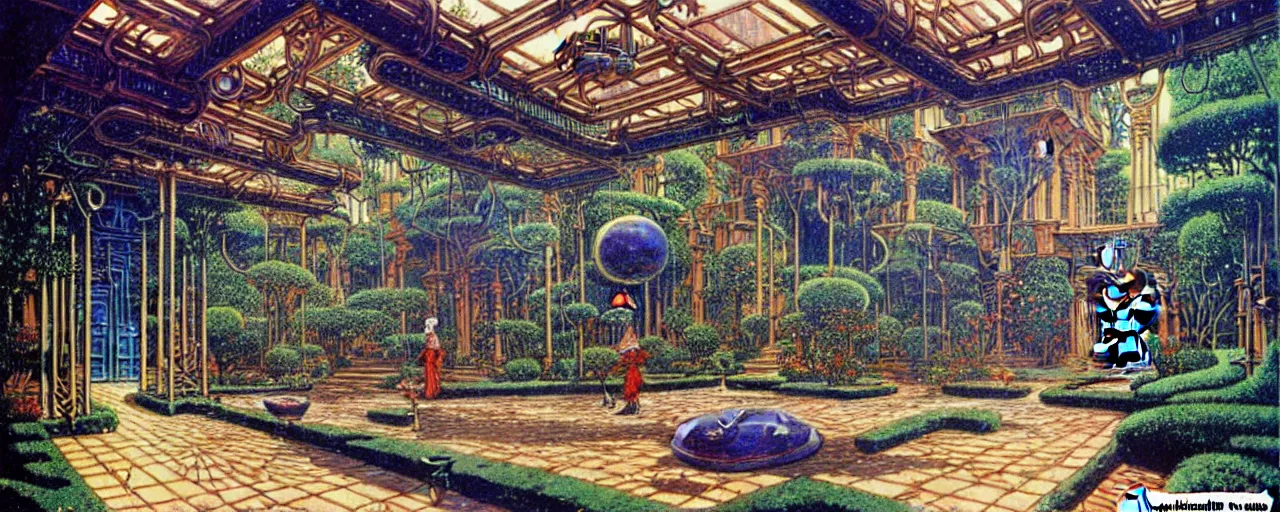 Image similar to a luxurious scifi futuristic victorian garden courtyard by robert mccall, killian eng, moebius, philippe druillet