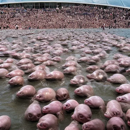 Image similar to spencer tunick photograph of large group of blobfish on the sydney opera house foreshore