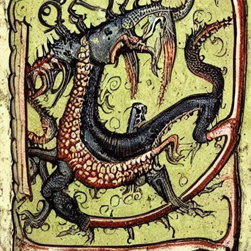 Image similar to medieval bestiary filled with uncanny grotesque beasts and freaky creatures