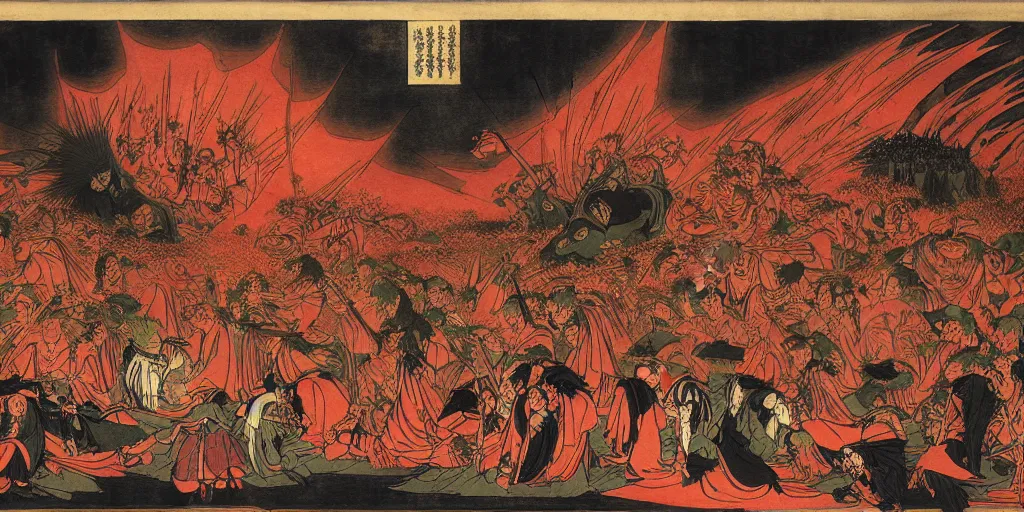 Image similar to Dante's Inferno, by Utagawa Kuniyoshi, dramatic lighting, high contrast colors, panoramic view, as trending on Artstation,