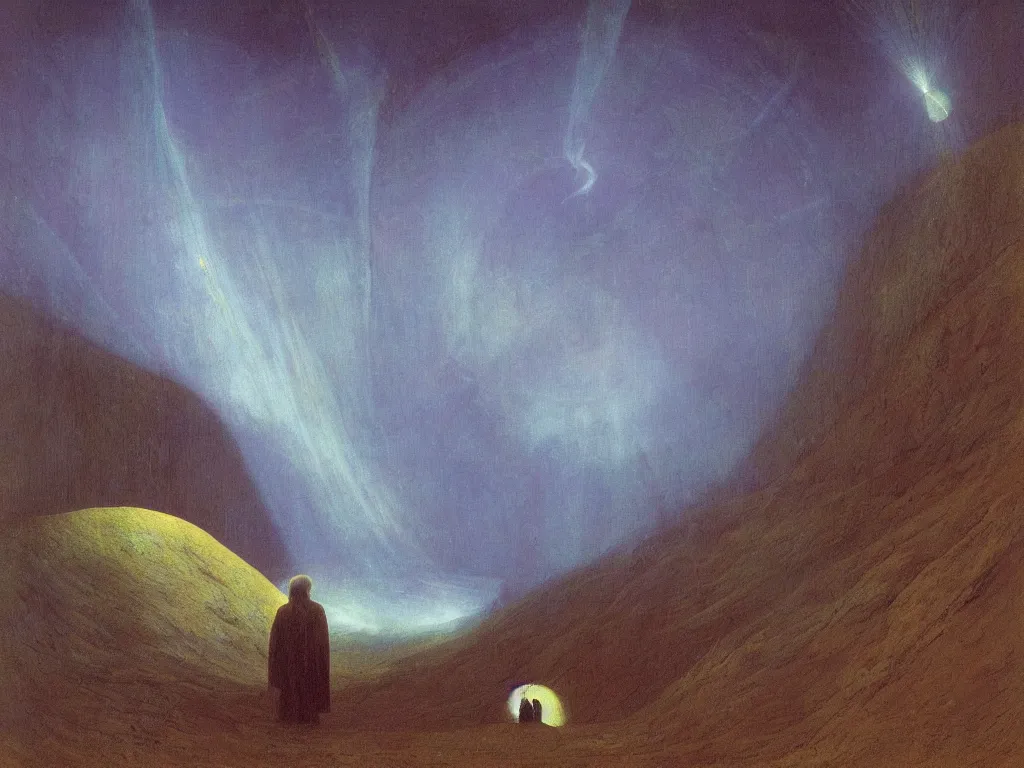 Prompt: phosphorescent, iridescent, psychedelic, marbled sphere floating in row to infinity above the hell pit mines. painting by caspar david friedrich, agnes pelton, max ernst, bosch.