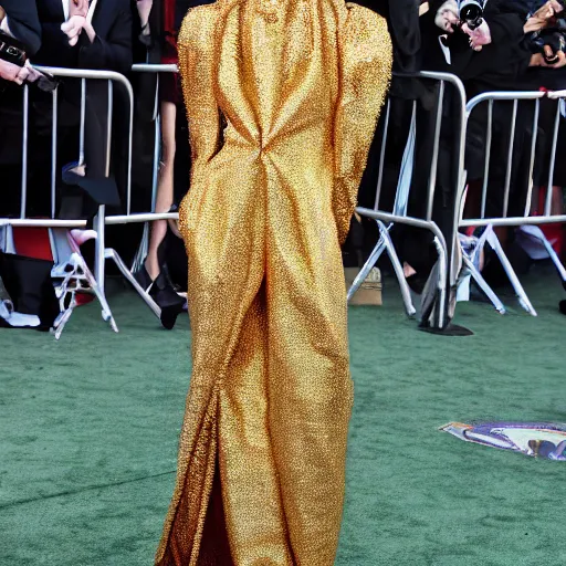 Prompt: Reptilian Hollywood Actor walking the red Carpet in a beautiful Balenciaga suite, 8K, photorealistic, cinematic shot