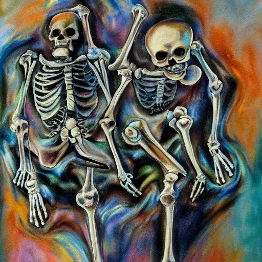 Prompt: bones and skeletons in iridiscent oil