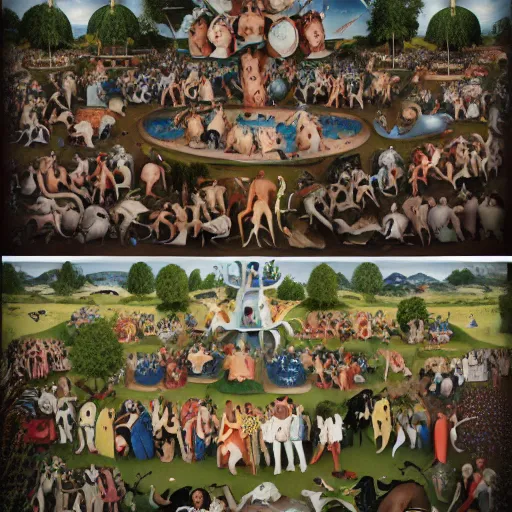 Prompt: a new photography of real humans of bosch garden of earthly delights style taken by martin parr, with flash on camera